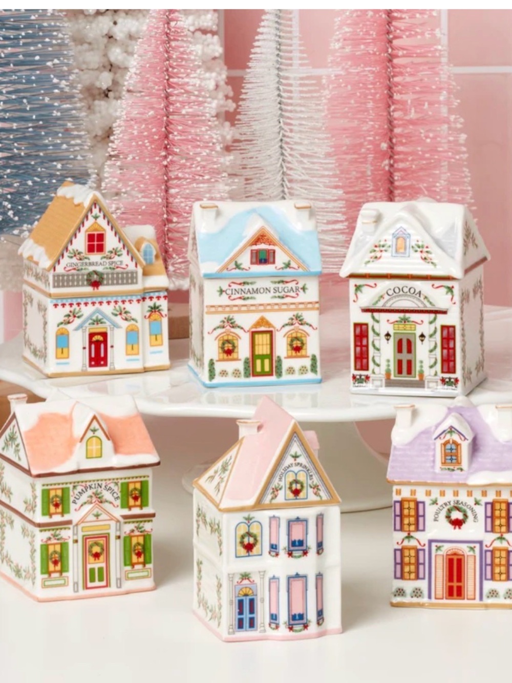Lenox Pastel Holiday Village Ceramic Spice Jar Set - Pink, Blue, Lavender, Peach